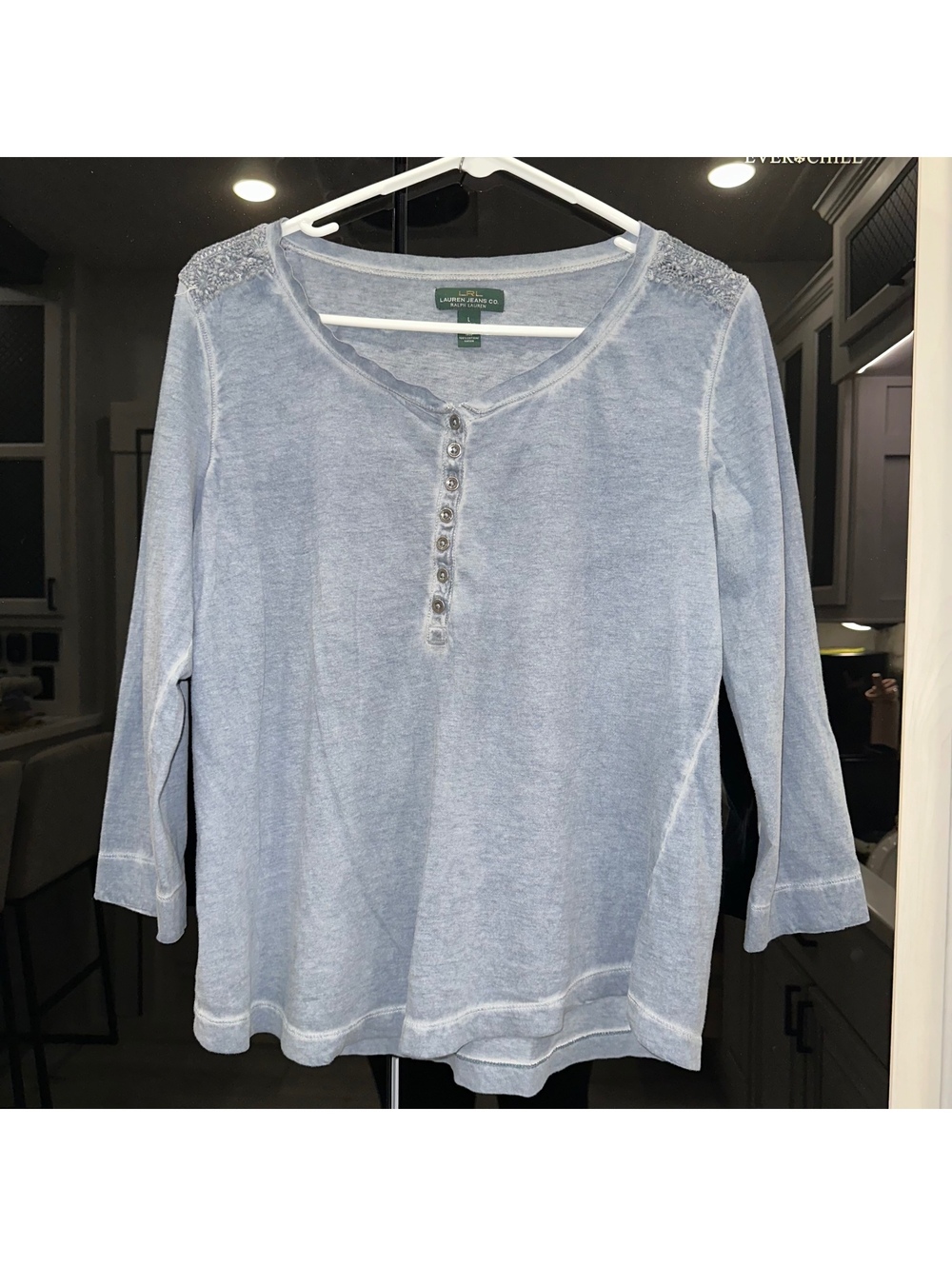 Lauren Jeans Co. Ralph Lauren Women's Light Blue Cotton Henley Shirt w lace